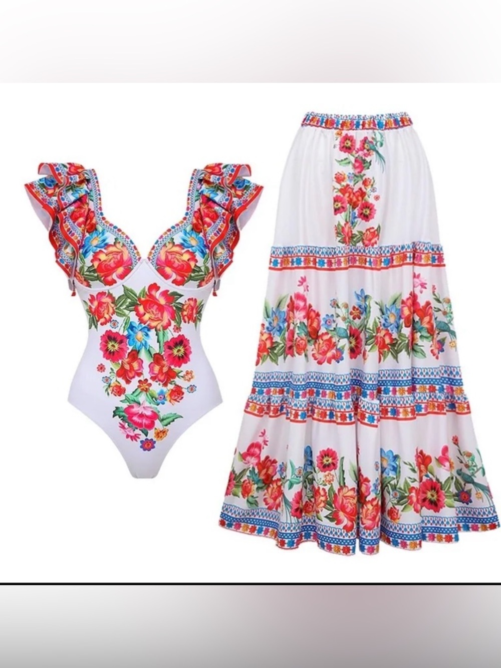 White Floral Printed Swimsuit & Maxi Skirt Set